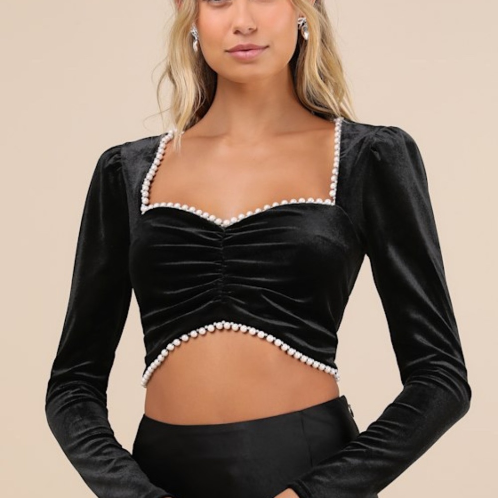 Lulus Opulent Moment Black Velvet Beaded Long Sleeve Crop Top - Size S